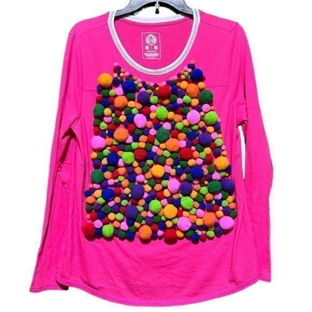So Women's Pom Pom Candy Long Sleeve Tee w/ Headband Round Neck Pink Size Large‎